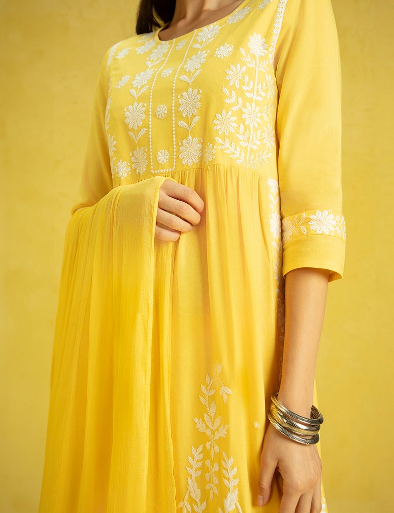 Kaari Women's Chikankari Kurta Set with Dupatta - A-line Fit | Chiffon Dupatta with Embroidered Band | Straight Pant with Side Pocket | Kurta Set For Women - Image 3